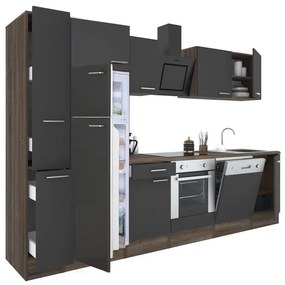 Yorki 310 konyhabútor yorki tölgy korpusz,selyemfényű antracit front alsó sütős elemmel felülfagyasztós hűtős szekrénnyel