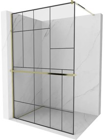 Mexen Kioto +, zuhanyparaván polccal és törölközőtartóval 80 x 200 cm, 8mm átlátszó üvegmintás fekete, arany profil, 800-080-121-50-78