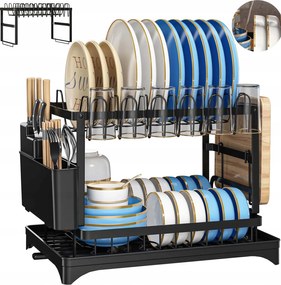 Kétszintes Edényszárító, Tányérokhoz, Evőeszközökhöz, Nagy Méretű, Álló, Fekete