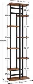 LEDOR TYP 4 8 polcos virágállvány, fémvázzal, 36 x 23 x 136 cm, rusztikus fa/fekete
