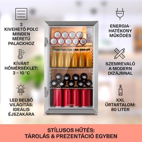 Klarstein Beersafe XXL Chrytal White, E energiahatékonysági osztály, LED, 3 fém polc, panoráma üvegajtó