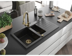 Mexen Matias, gránit mosogató 900x505x200 mm, 1,5 kamrás, fekete-ezüst metál arany szifonnal, 6502901505-73-G