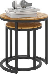 Outsunny 2 darabos Kerti Asztal Szett Akácfából készült Fűrészelt Felülettel, Zsúfolt Kerti Oldalasztalok Acél Vázal és Állítható Lábakkal Erkélyre, T