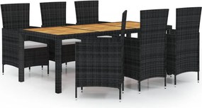 vidaXL 7 részes fekete polyrattan kültéri étkezőszett párnákkal