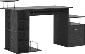 HOMCOM Számítógép Íróasztal 6 Polccal, Fiókos Billentyűtartóval és Monitor Nyomtató Állvánnyal, 152x60x88 cm, Fekete | Aosom
