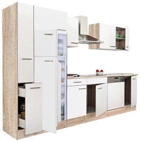Yorki 310 konyhablokk sonoma tölgy korpusz,selyemfényű fehér fronttal felülfagyasztós hűtős szekrénnyel