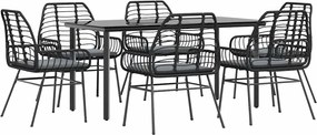 vidaXL 7 részes fekete polyrattan üveg kerti étkezőgarnitúra párnákkal