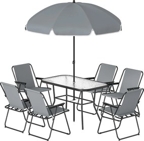 Outsunny 8 részes kerti szett — edzett üveg asztal, 6 összecsukható Textilén szék és 180 cm napernyő, porfestett acél váz | Aosom