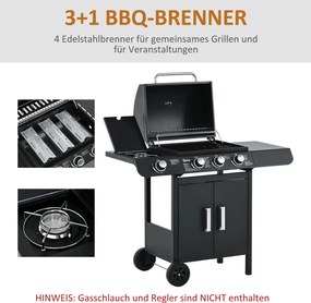 Outsunny Gázgrill 3 fő égővel + 1 oldalsó égővel, tárolópolccal, rozsdamentes acél, fekete