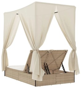 bézs polyrattan dupla napozóágy tetővel és függönyökkel