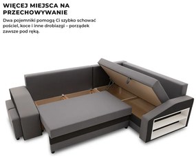 Grande sarokkanapé polcokkal és puffokkal , polc a jobb karfaban puffok a bal karfaban, jobboldali, szövet anyag, hab töltet, szürke - fekete