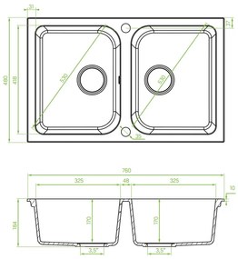 Laveo Celia, 2-kamrás gránit mosogató 760x480x184 mm, bézs, LAV-SBC_420T