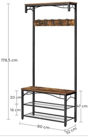 Előszoba fogas polccal, fcipőtartóval és ülőkével 80 x 32 x 178 cm, rusztikus barna