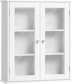 kleankin Fürdőszobai Szekrény Fali Szekrény, 2 Ajtó Fából és Üvegből, Fali Multifunckiós Szekrény Állítható Polccal és Mágneses Ráccsal, 55x20x65 cm,