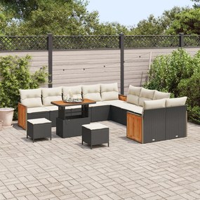 13 darabos kerti kanapé szett párnákkal, fekete poli rattan akácia, 2-fős kerti kanapé párnákkal, fekete poli rattan, 3 darabos kerti étkező szett párnákkal, fekete poli rattan akácia