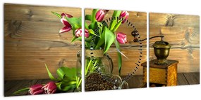 Tulipánok, daráló és kávé képe (órával) (90x30 cm)