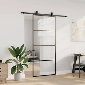 Fekete ESG üveg tolóajtó fémszerelvény-szettel 90x205 cm