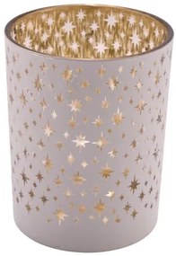 Üveg mécsestartó pohár fehér-arany csillagos, 7x7x7,8cm