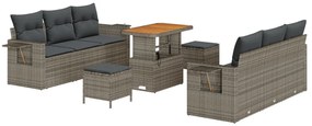 9 darabos kerti kanapé szett párnákkal szürke poly rattan akácia, 3 darabos kerti étkező szett párnákkal szürke poly rattan akácia