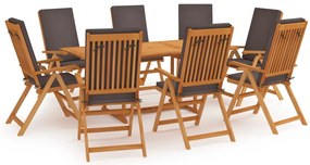 vidaXL 9 részes tömör tíkfa kerti étkezőgarnitúra szürke párnákkal