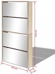 4 szintes tükrös tölgy cipőszekrény 63 x 17 x 134 cm