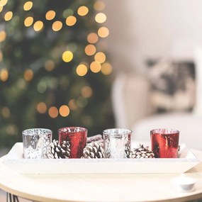 Adventi mécsestartó, toboz díszítéssel, ezüst-piros - POMME