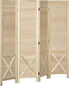 HOMCOM 4 Panel Szobaelválasztó Képernyő 152x1.7x144.5 cm Összecsukható Szobaelválasztó Fa Adott Fogasokkal Iroda Hálószoba Nappali Természetes | Aosom
