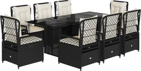 vidaXL 9 részes fekete polyrattan kerti étkezőgarnitúra párnákkal