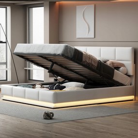 Kárpitozott ágy Franciaágy 180x200cm Hidraulikus Led Bézs