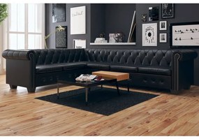 6 személyes fekete műbőr Chesterfield sarok kanapé