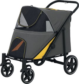 PawHut Kutyakocsi Kényelmes Párnával, Összecsukható Kutyakocsi Nagy és Közepes Kutyáknak, Macska Kocsi Háló Ablakkal, Biztonsági Pórázokkal, Táskával,