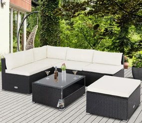 Casaria® Kerti rattan szett Rouen - fekete/krém párnák