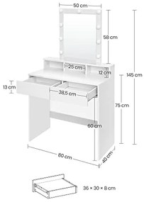 Fésülködőasztal, sminkasztal tükörrel fiókokkal, fehér 80x40x145cm