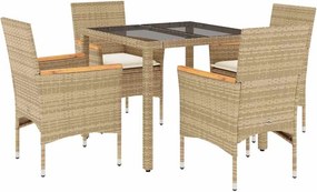 vidaXL 5 részes bézs polyrattan/üveg kerti étkezőgarnitúra párnákkal
