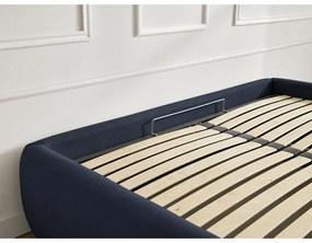 Sötétkék kárpitozott ágyneműtartós-ágytámla nélkül franciaágy ágyráccsal 180x200 cm Inera – Bobochic Paris