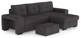 PALERMO jobbos, fekete kihúzható kanapé tárolóval és puffal