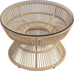 Outsunny Kerek Kerti Kávézó Asztal, Műrattan Megjelenésű Asztal Edzett Üveglappal Ø60 x 37H cm Természetes | Aosom