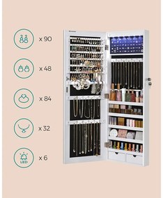 LED ékszertartó falra vagy ajtóra szerelhető, fehér
