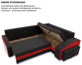 Grande sarokkanapé polcokkal és puffokkal , polc a bal karfaban puffok a jobb karfaban, jobboldali, szövet anyag, bonell töltet, fekete - piros