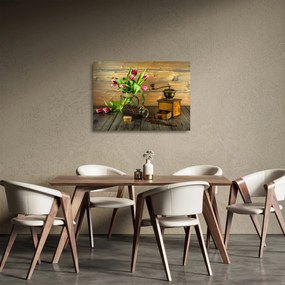 Tulipánok, daráló és kávé képe (üvegen) (70x50 cm)