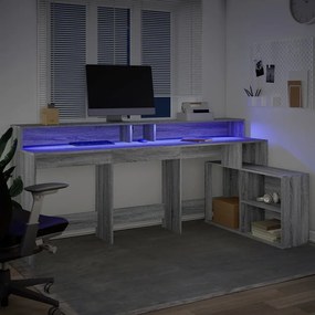 szürke sonoma színű szerelt fa LED-es íróasztal 200x104x91 cm