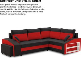 Grande sarokkanapé polcokkal és puffokkal , polc a jobb karfaban puffok a bal karfaban, jobboldali, szövet anyag, hab töltet, fekete - piros