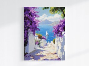 Poszter Görögország Santorini Utca Tenger Virágok Kilátás 60x80