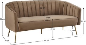 Design 3-as ülés kanapé, barna bársony szövet/arany króm-arany, BAGY