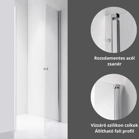 Stuxi Bari 70/80/90/100 cm széles egyszárnyú nyíló zuhanyajtó, 6 mm vízlepergető üveggel, króm profillal, 195 cm magas