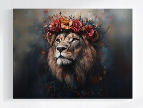 Vászonkép Canvas Portré Állat Oroszlán Király Koszorú Virágok Boho 80x60