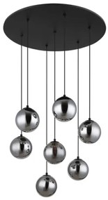 Globo 56133-7H Függeszték fém fekete matt, füstszínű üveg gömbök, fekete PVC kábel, magassága rövidíthető, ø: 550mm, M: 1200mm, tartozék: 7x G9 LED 3.5W 230V, 350lm forrás, 130lm kimenet, 3000K