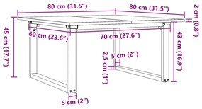 tömör fenyőfa és öntöttvas dohányzóasztal O-vázzal 80x80x45 cm