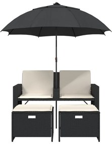 2 személyes fekete polyrattan kerti kanapé napernyővel/székkel