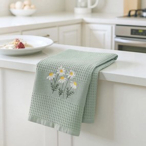 Goldea hímzett waffle konyharuha - kamilla zsálya alapon 50 x 70 cm